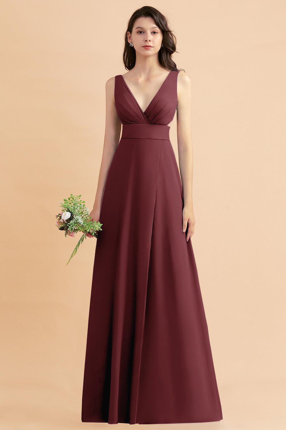 Simple V-neck A-Line Wide Straps Floor Length Chiffon Bridesmaid Dress With Side Slit