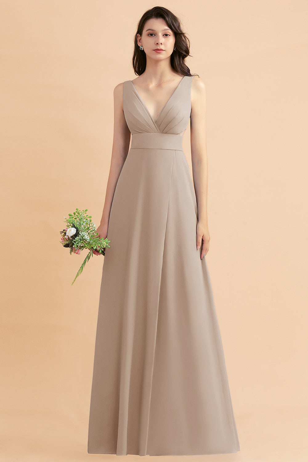 Simple V-neck A-Line Wide Straps Floor Length Chiffon Bridesmaid Dress With Side Slit