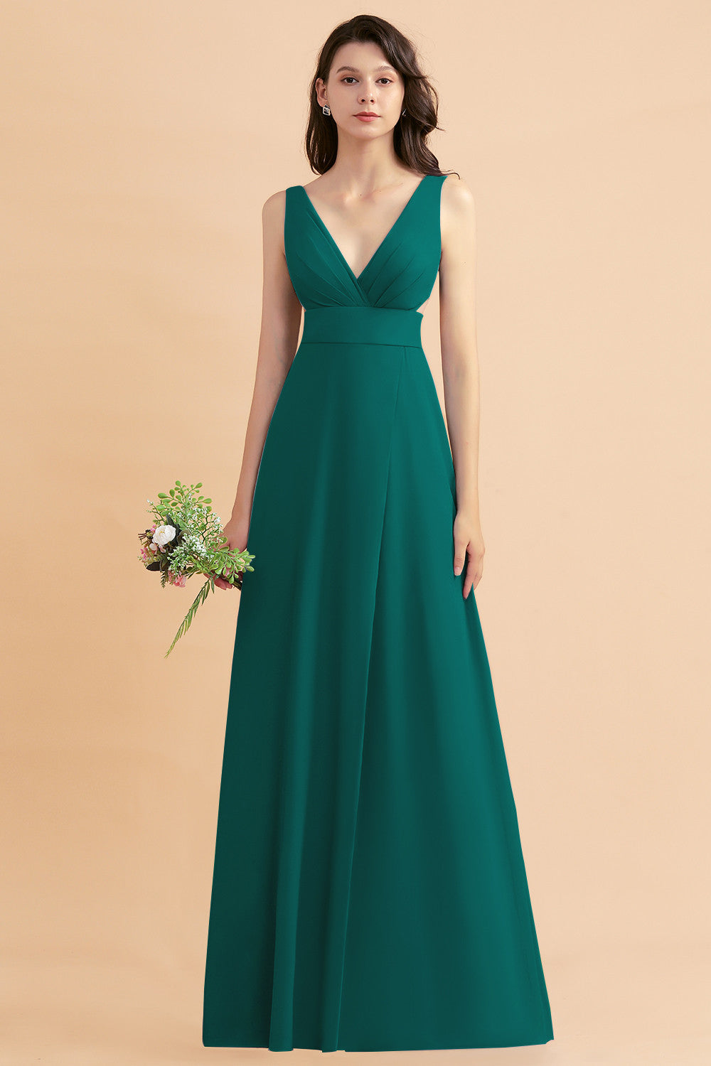 Simple V-neck A-Line Wide Straps Floor Length Chiffon Bridesmaid Dress With Side Slit