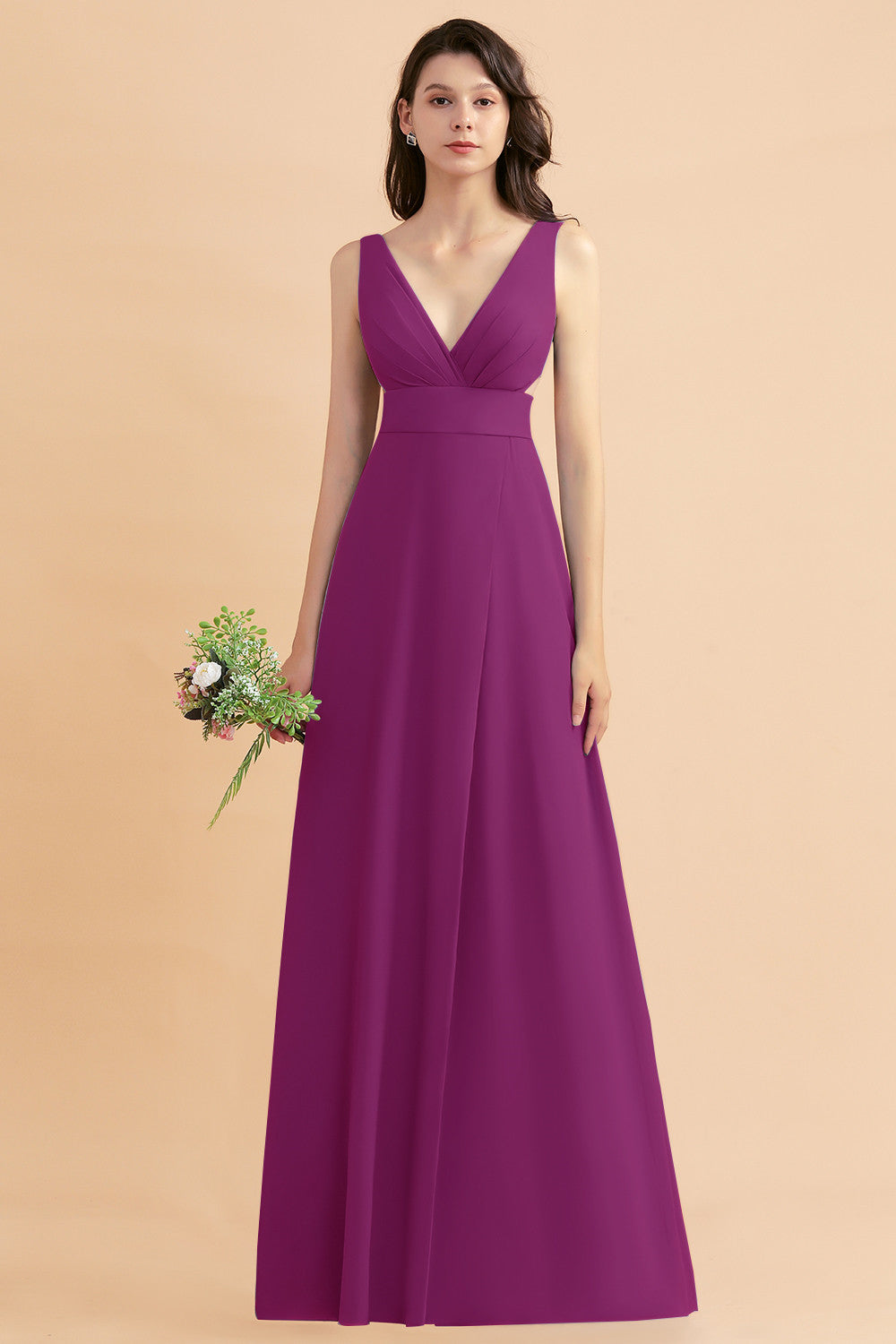 Simple V-neck A-Line Wide Straps Floor Length Chiffon Bridesmaid Dress With Side Slit