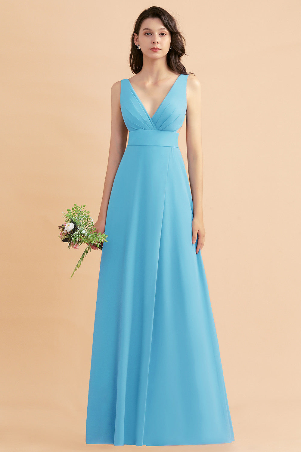 Simple V-neck A-Line Wide Straps Floor Length Chiffon Bridesmaid Dress With Side Slit