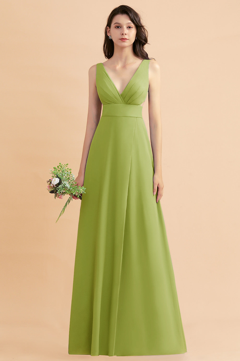 Simple V-neck A-Line Wide Straps Floor Length Chiffon Bridesmaid Dress With Side Slit