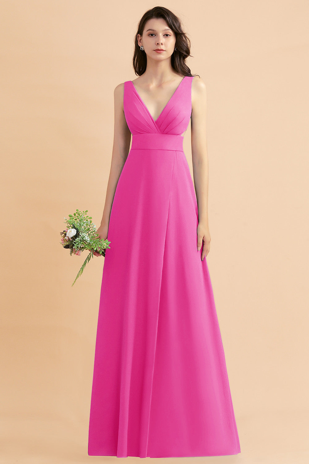 Simple V-neck A-Line Wide Straps Floor Length Chiffon Bridesmaid Dress With Side Slit