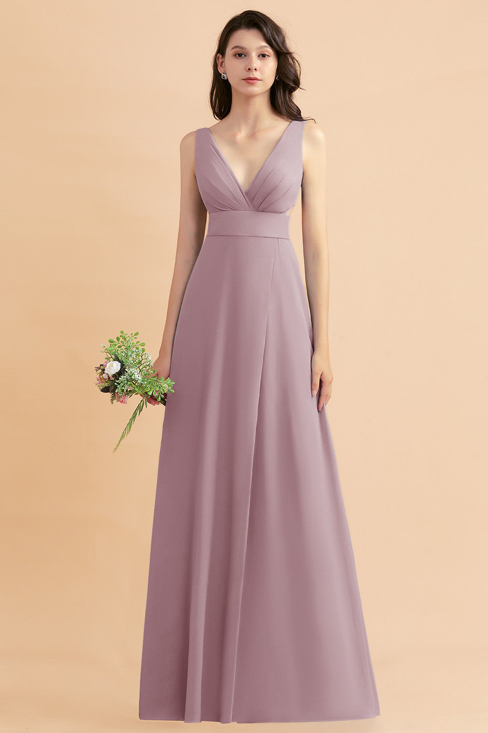 Simple V-neck A-Line Wide Straps Floor Length Chiffon Bridesmaid Dress With Side Slit