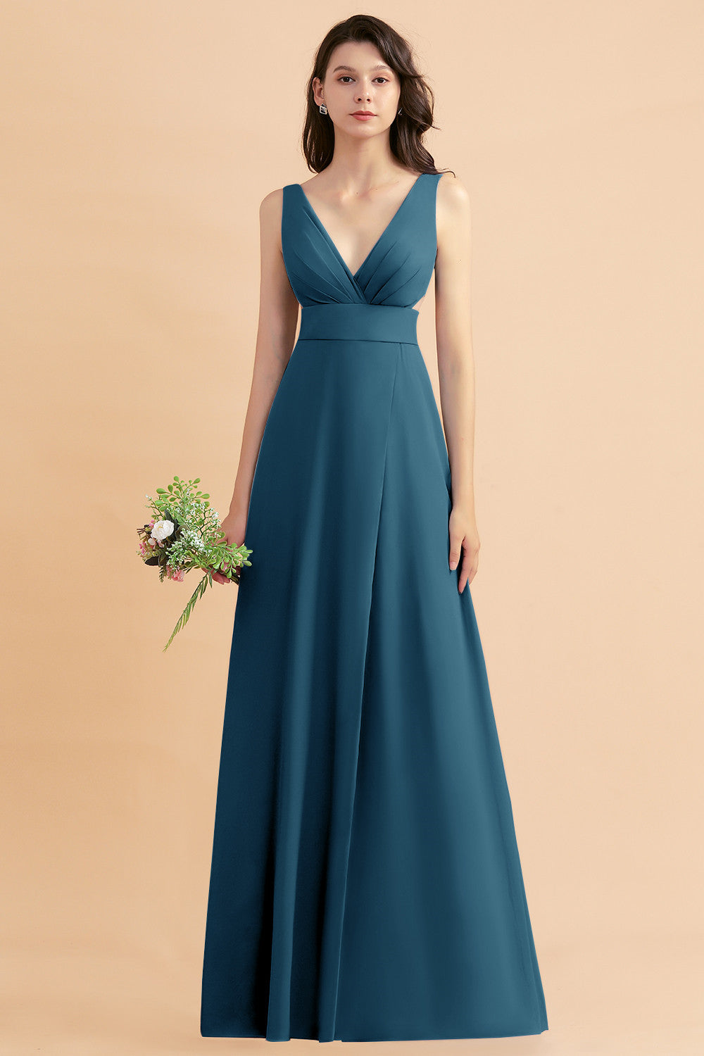 Simple V-neck A-Line Wide Straps Floor Length Chiffon Bridesmaid Dress With Side Slit
