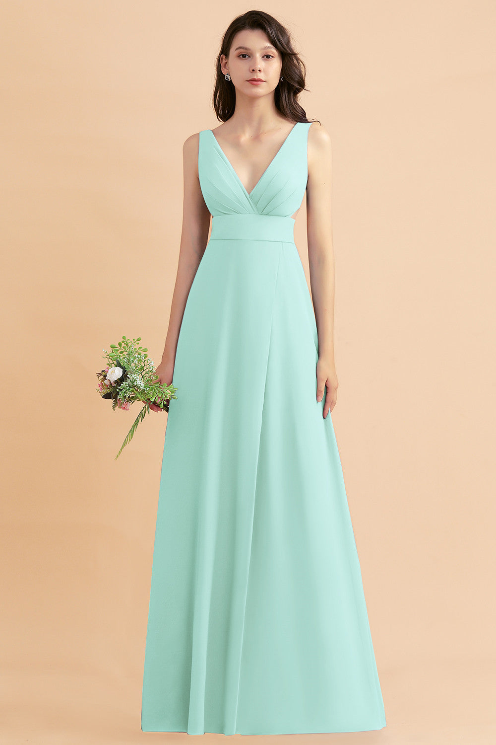 Simple V-neck A-Line Wide Straps Floor Length Chiffon Bridesmaid Dress With Side Slit