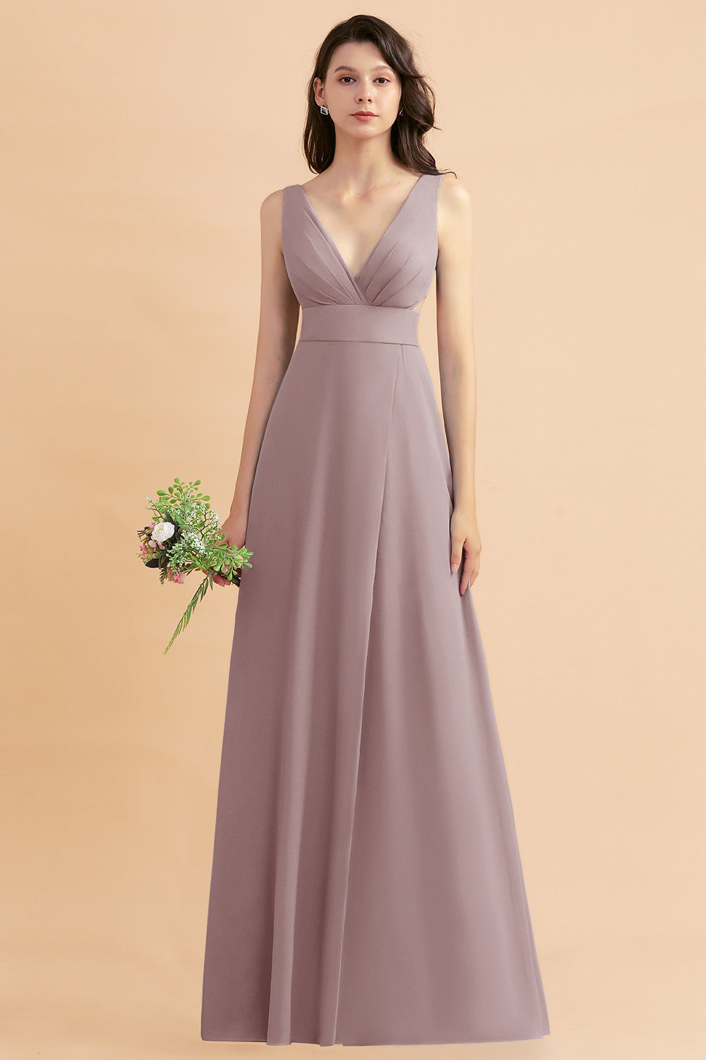 Simple V-neck A-Line Wide Straps Floor Length Chiffon Bridesmaid Dress With Side Slit