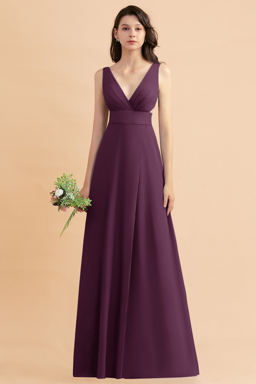 Simple V-neck A-Line Wide Straps Floor Length Chiffon Bridesmaid Dress With Side Slit
