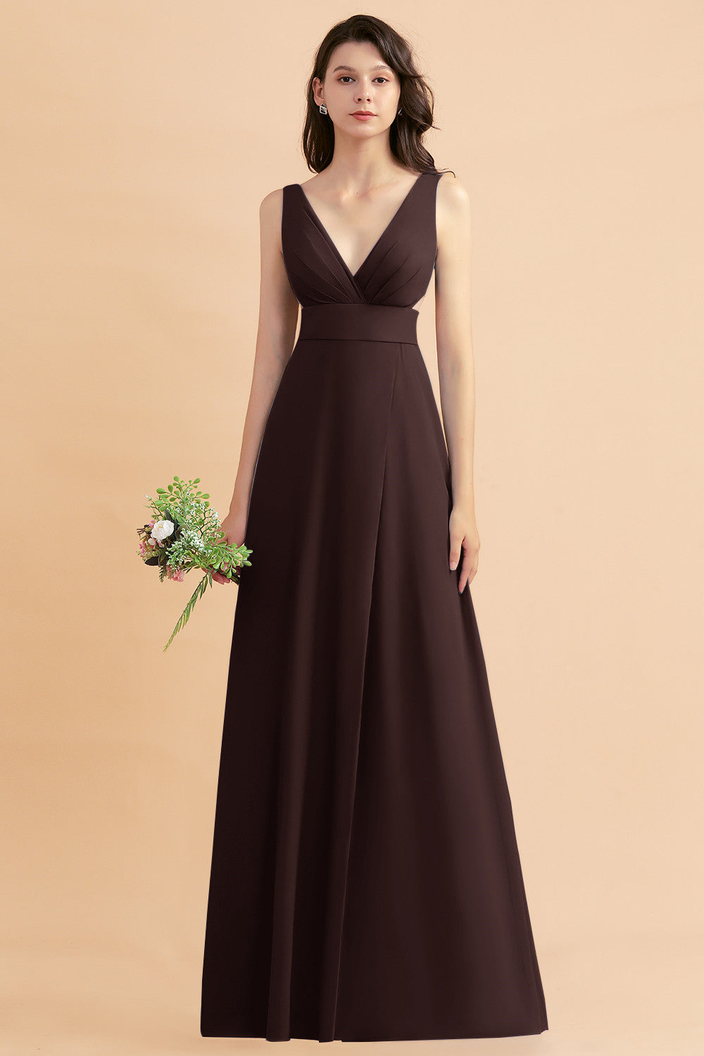 Simple V-neck A-Line Wide Straps Floor Length Chiffon Bridesmaid Dress With Side Slit