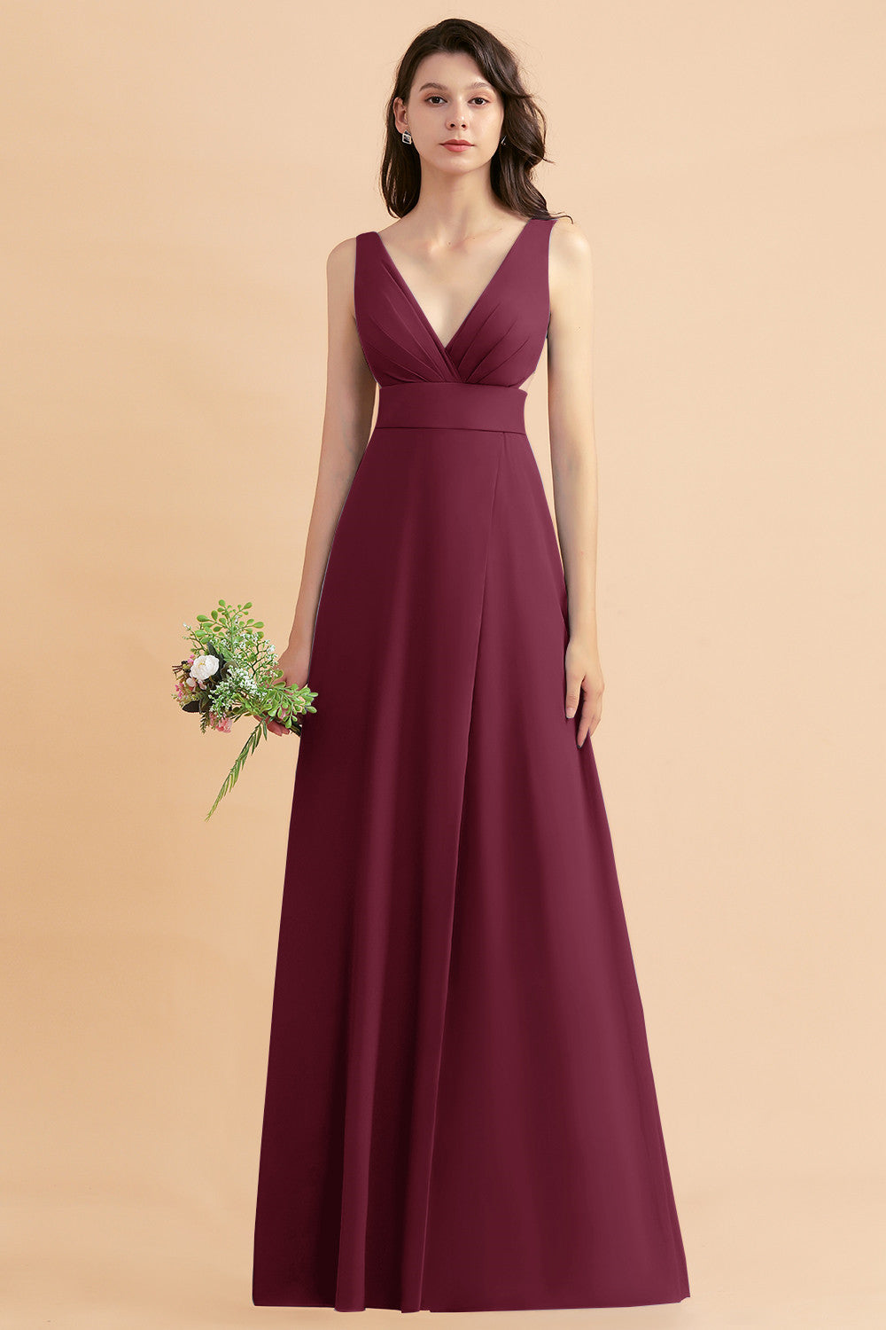 Simple V-neck A-Line Wide Straps Floor Length Chiffon Bridesmaid Dress With Side Slit