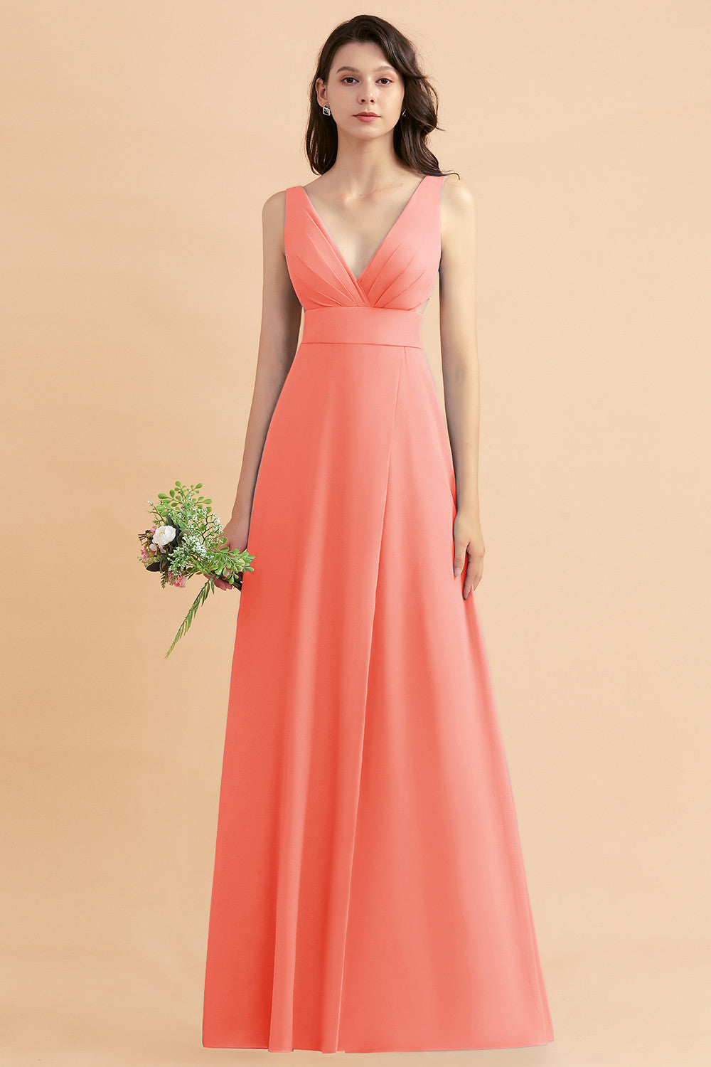 Simple V-neck A-Line Wide Straps Floor Length Chiffon Bridesmaid Dress With Side Slit