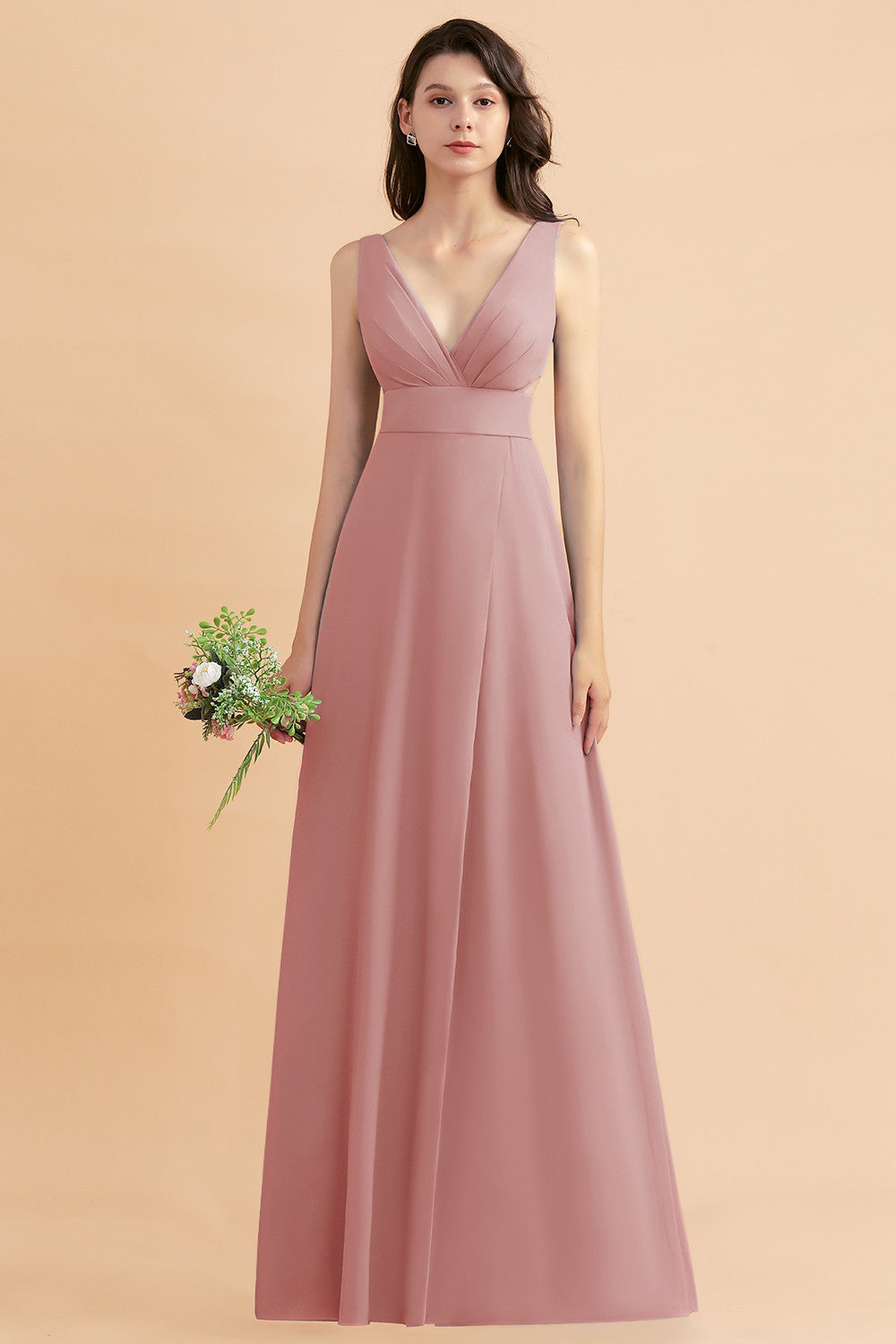 Simple V-neck A-Line Wide Straps Floor Length Chiffon Bridesmaid Dress With Side Slit