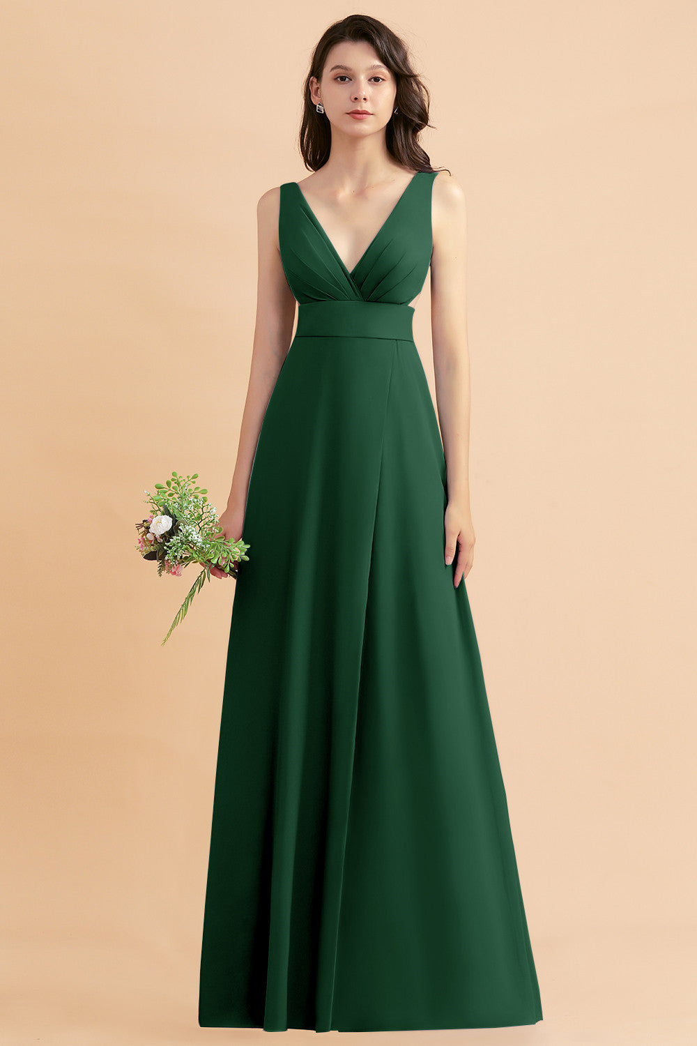 Simple V-neck A-Line Wide Straps Floor Length Chiffon Bridesmaid Dress With Side Slit