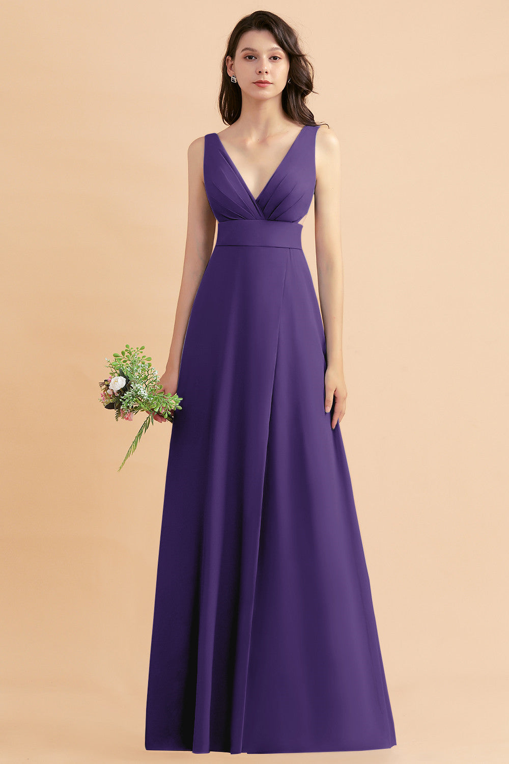 Simple V-neck A-Line Wide Straps Floor Length Chiffon Bridesmaid Dress With Side Slit