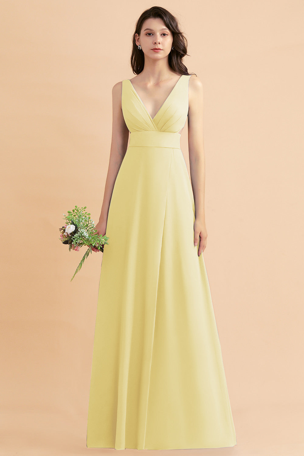 Simple V-neck A-Line Wide Straps Floor Length Chiffon Bridesmaid Dress With Side Slit