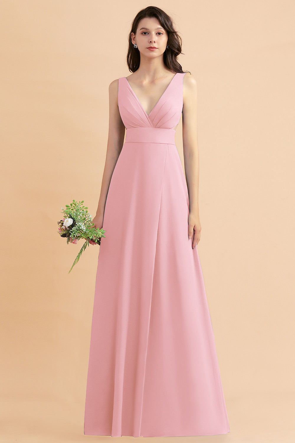 Simple V-neck A-Line Wide Straps Floor Length Chiffon Bridesmaid Dress With Side Slit