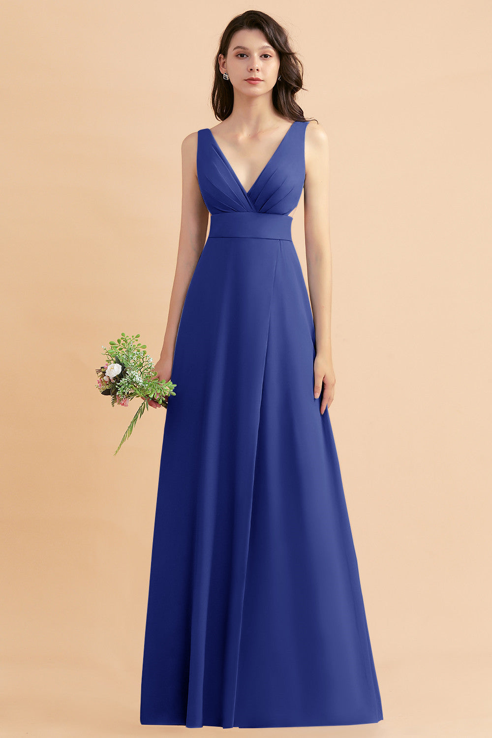 Simple V-neck A-Line Wide Straps Floor Length Chiffon Bridesmaid Dress With Side Slit