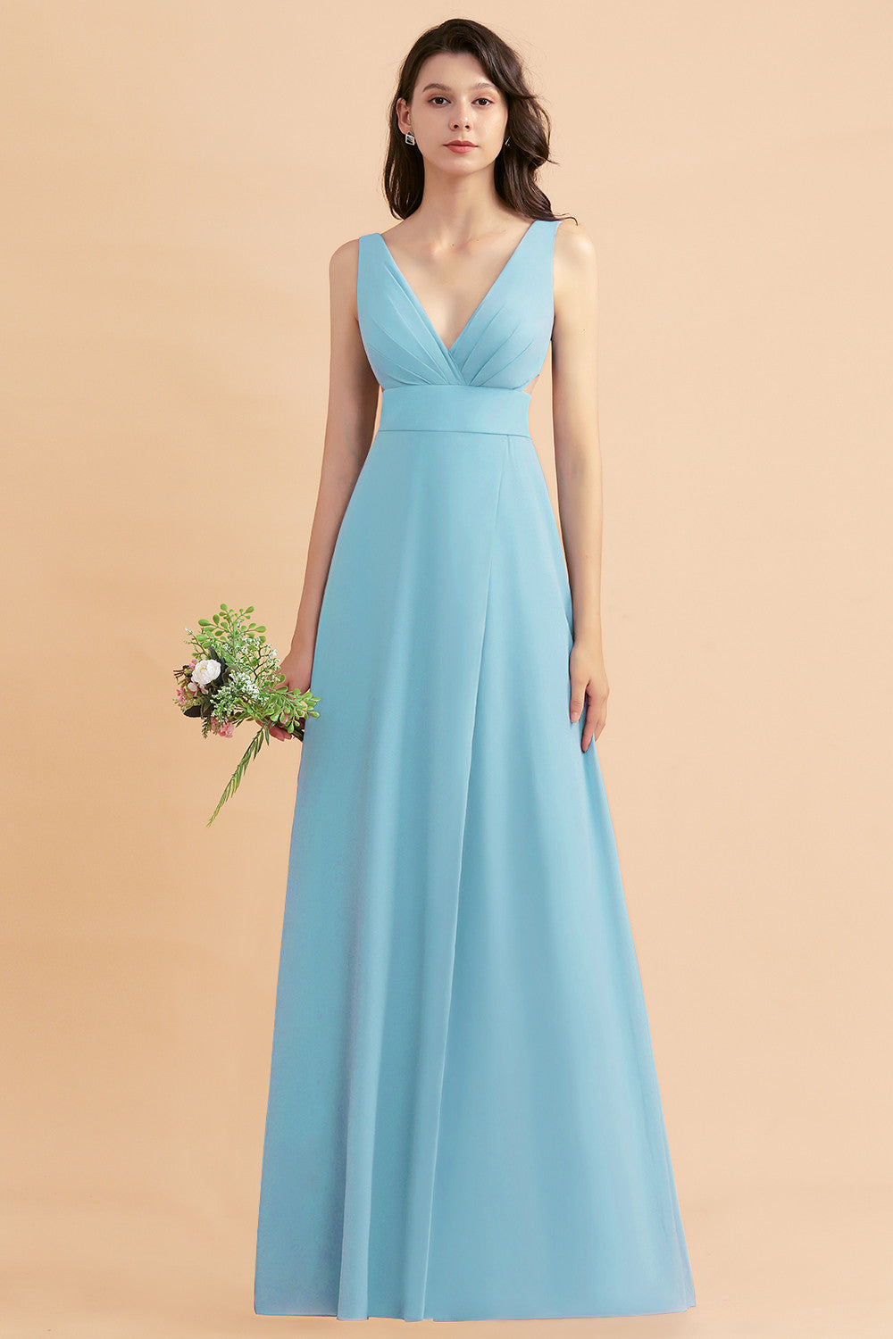 Simple V-neck A-Line Wide Straps Floor Length Chiffon Bridesmaid Dress With Side Slit
