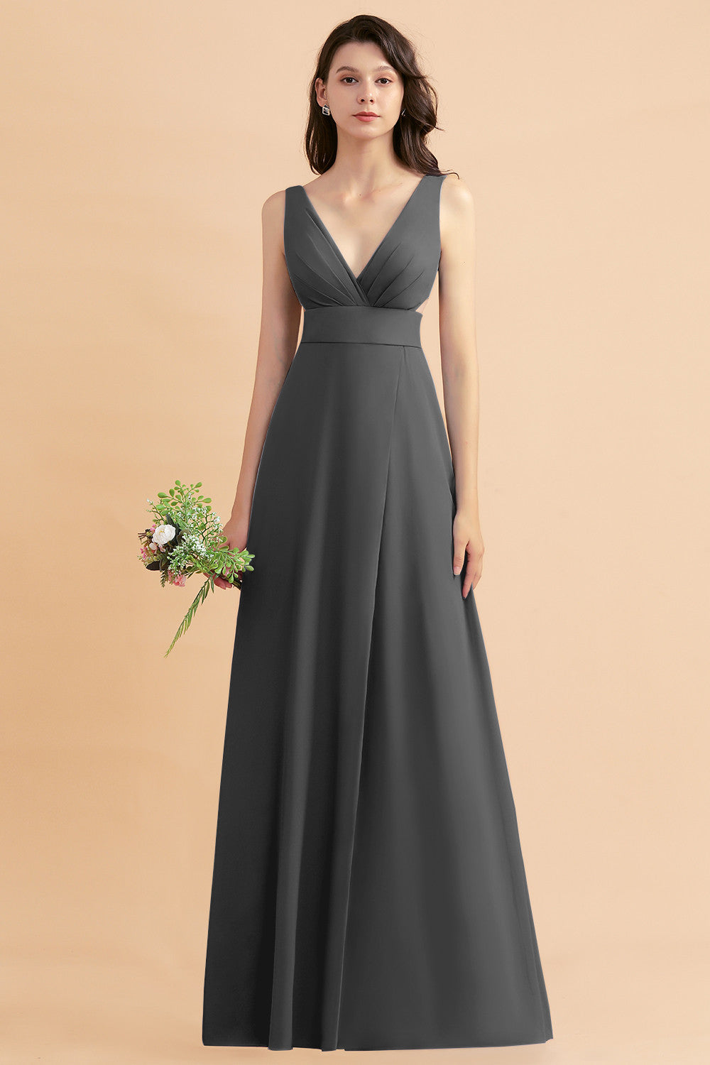 Simple V-neck A-Line Wide Straps Floor Length Chiffon Bridesmaid Dress With Side Slit