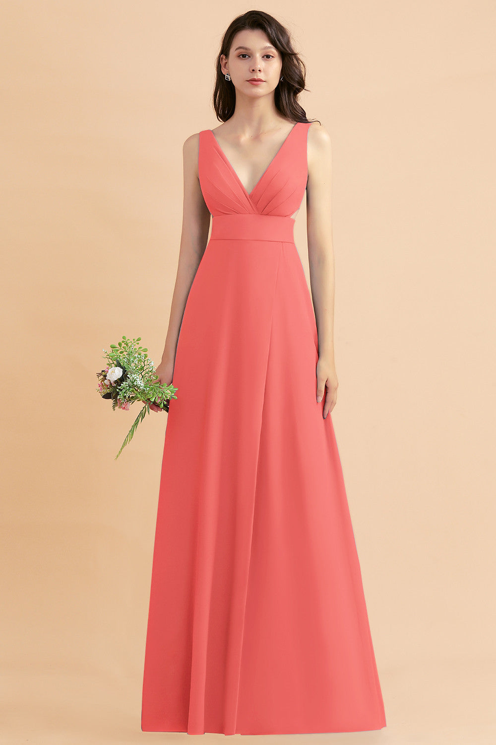 Simple V-neck A-Line Wide Straps Floor Length Chiffon Bridesmaid Dress With Side Slit