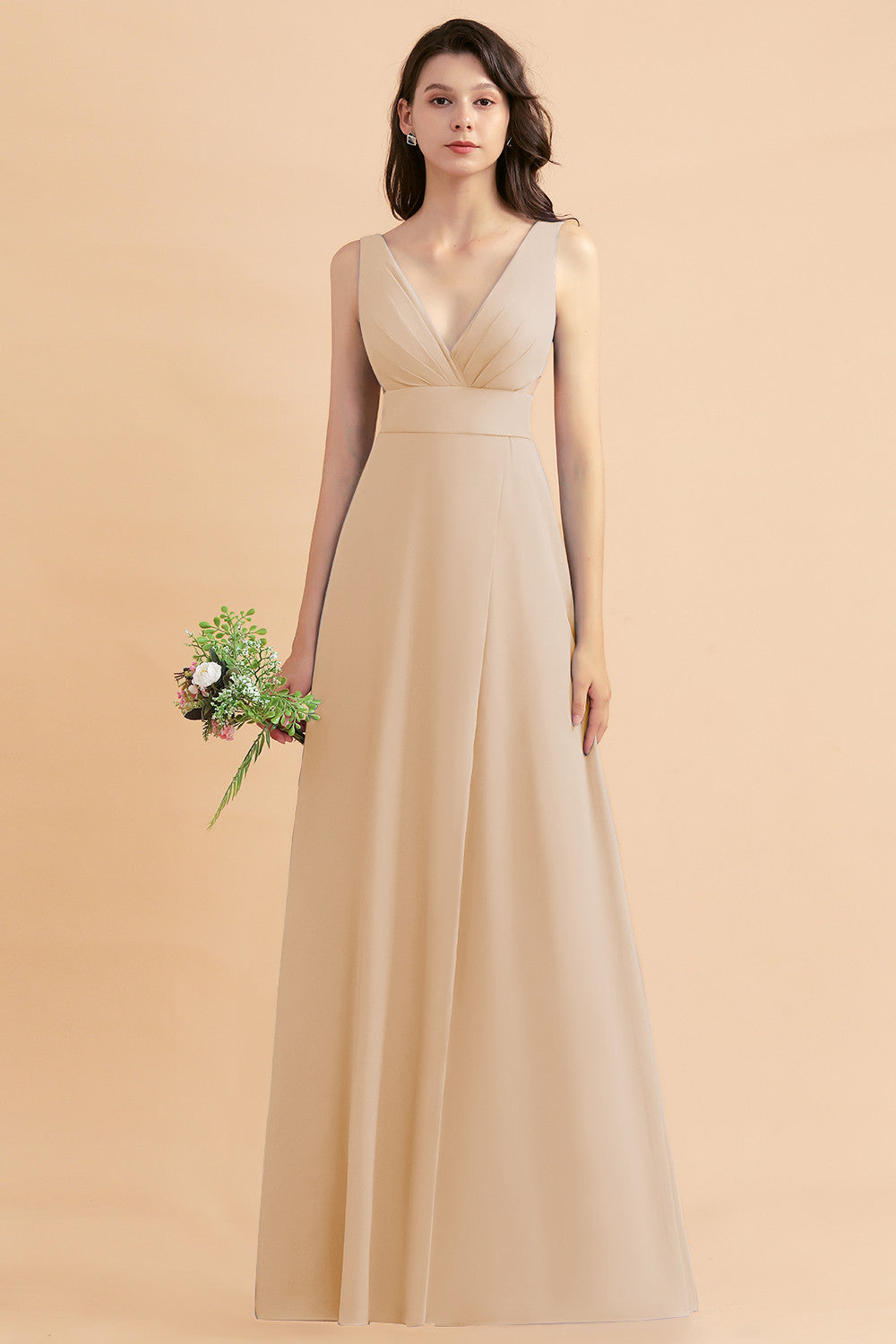 Simple V-neck A-Line Wide Straps Floor Length Chiffon Bridesmaid Dress With Side Slit