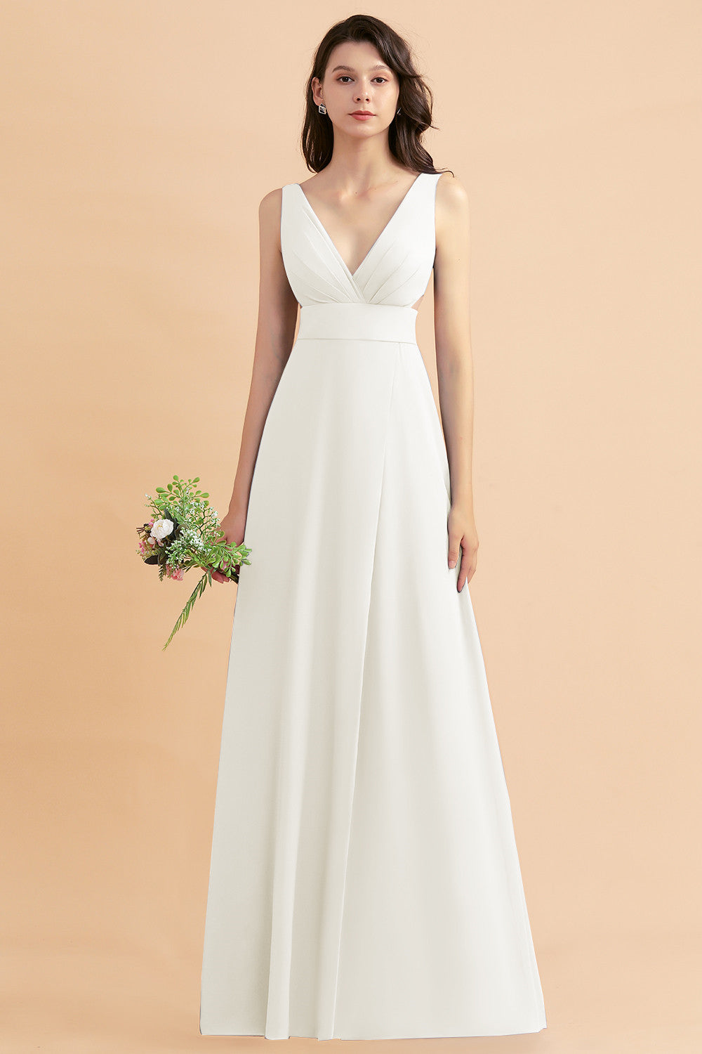 Simple V-neck A-Line Wide Straps Floor Length Chiffon Bridesmaid Dress With Side Slit