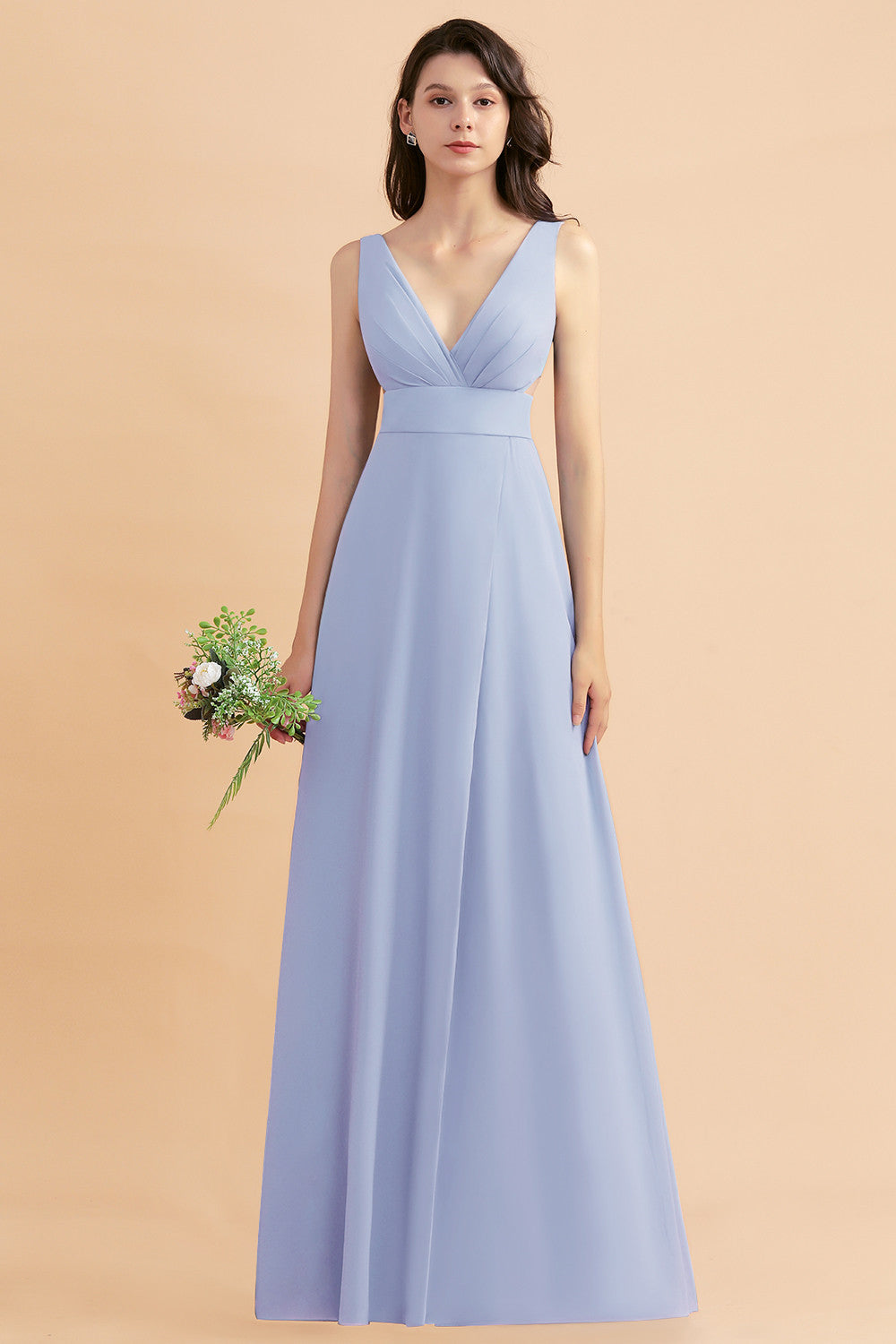 Simple V-neck A-Line Wide Straps Floor Length Chiffon Bridesmaid Dress With Side Slit