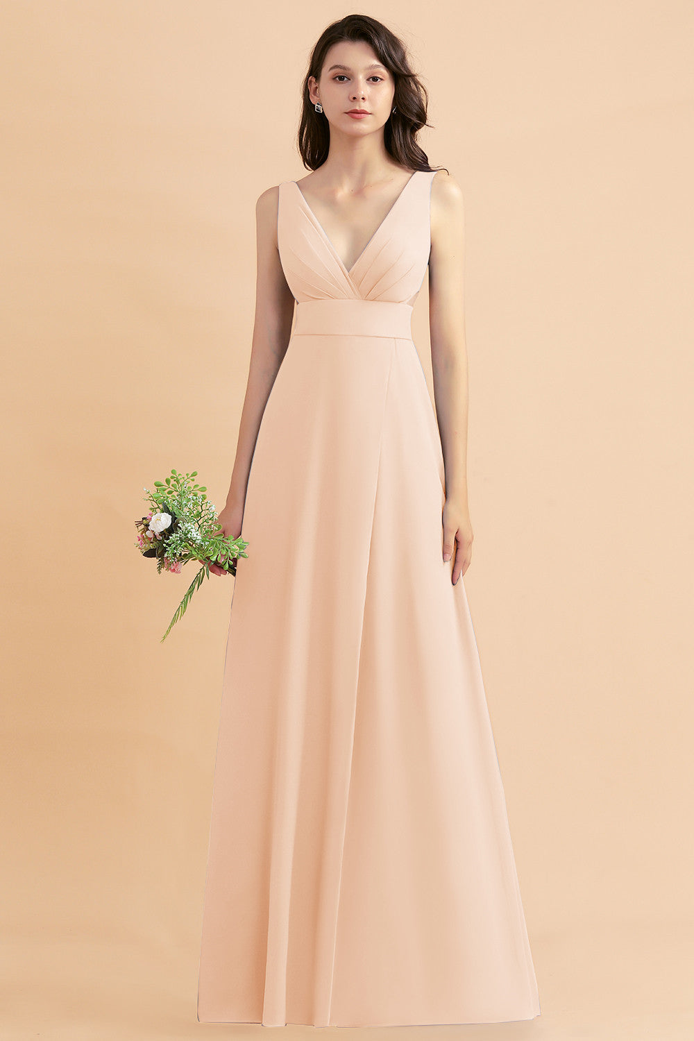 Simple V-neck A-Line Wide Straps Floor Length Chiffon Bridesmaid Dress With Side Slit