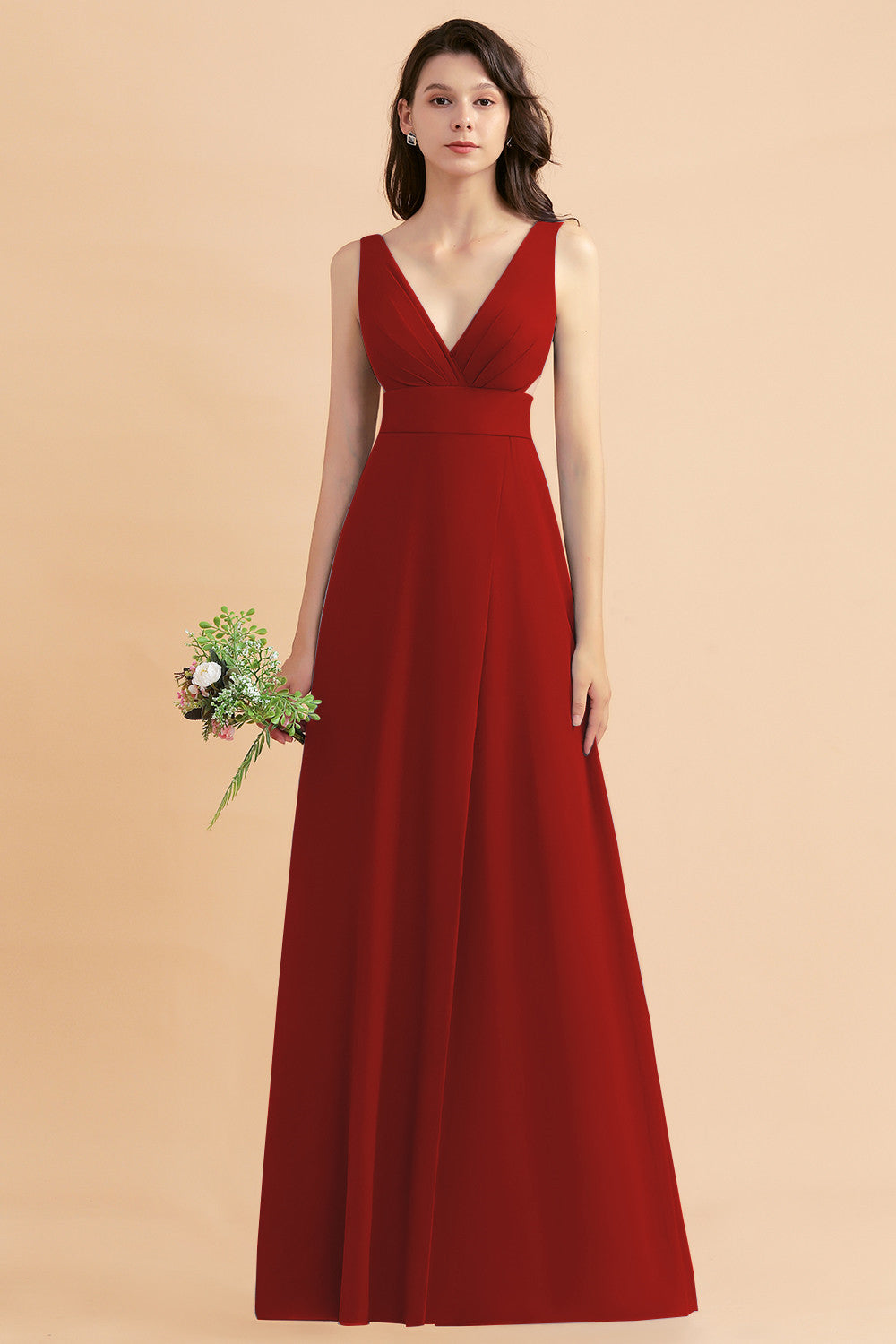 Simple V-neck A-Line Wide Straps Floor Length Chiffon Bridesmaid Dress With Side Slit