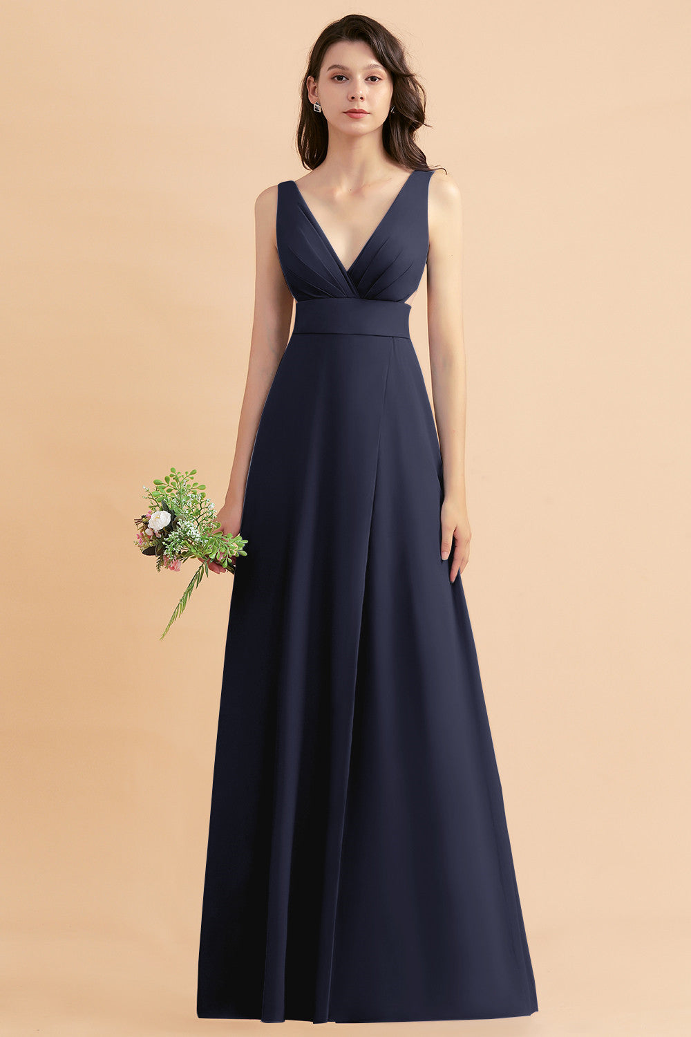Simple V-neck A-Line Wide Straps Floor Length Chiffon Bridesmaid Dress With Side Slit