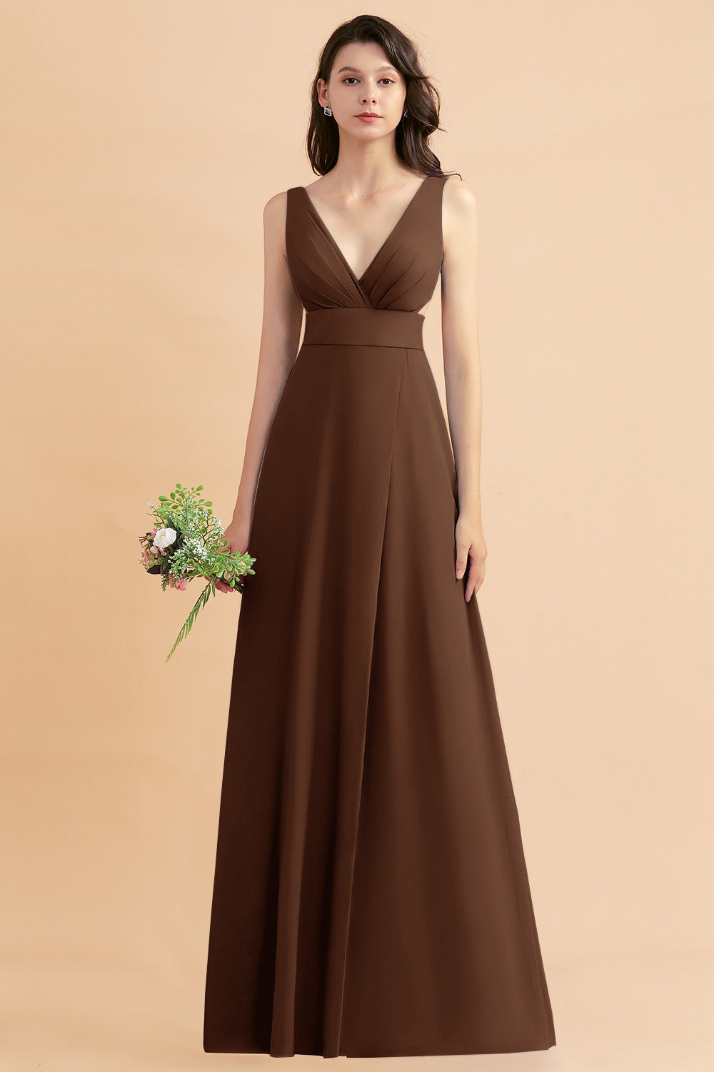 Simple V-neck A-Line Wide Straps Floor Length Chiffon Bridesmaid Dress With Side Slit
