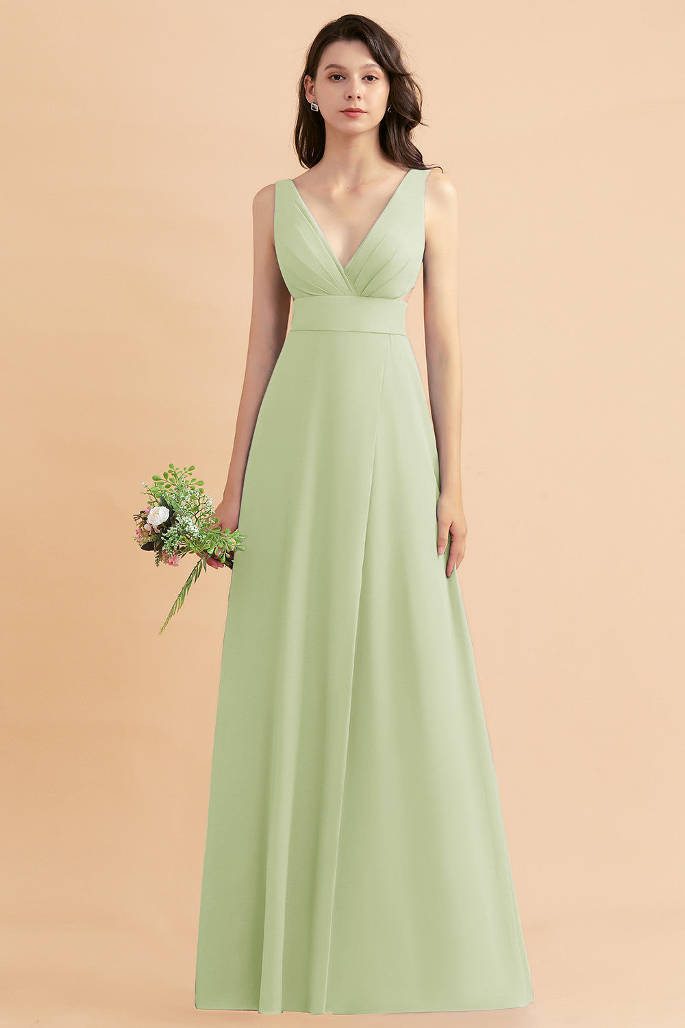 Simple V-neck A-Line Wide Straps Floor Length Chiffon Bridesmaid Dress With Side Slit