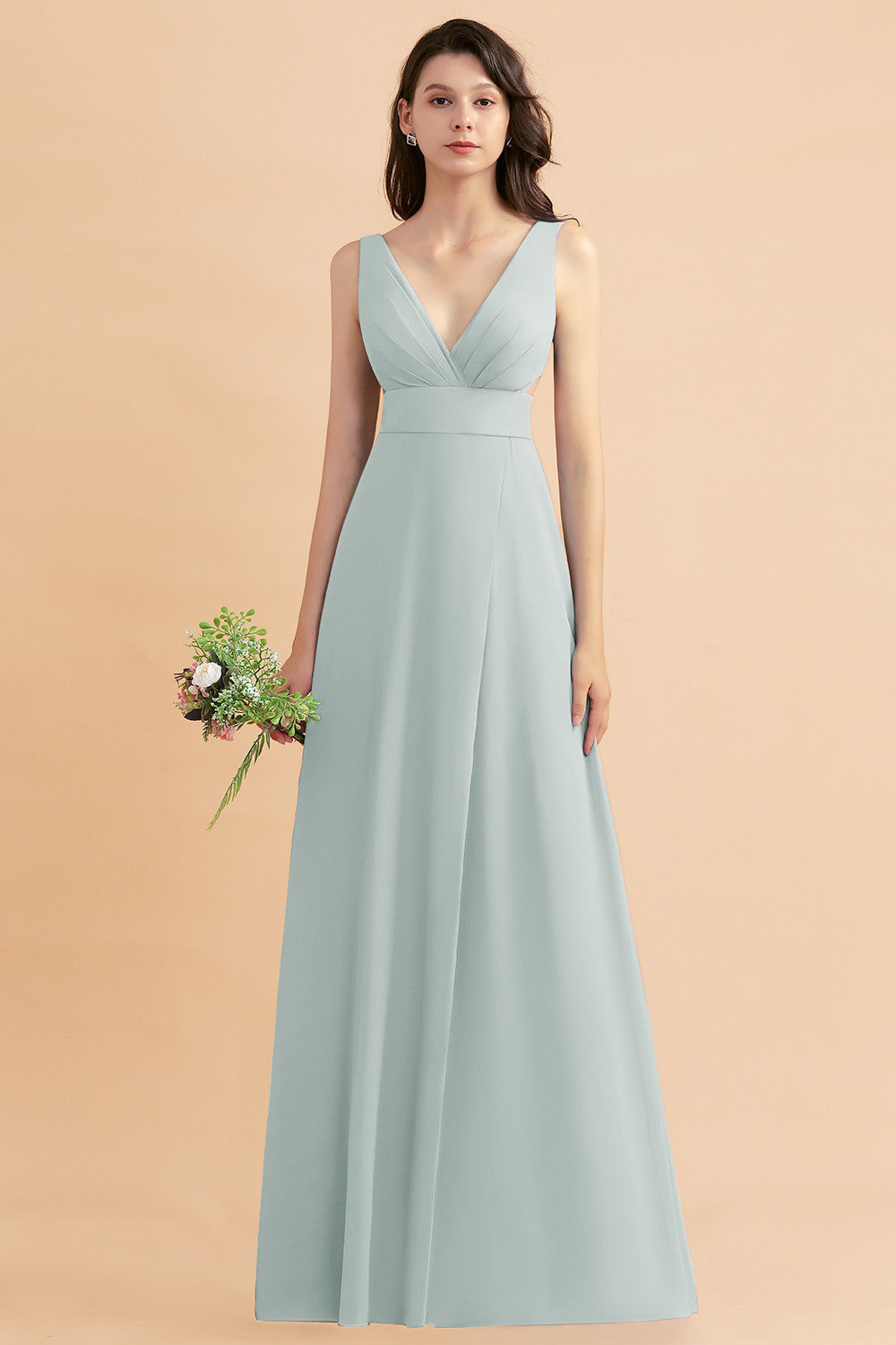 Simple V-neck A-Line Wide Straps Floor Length Chiffon Bridesmaid Dress With Side Slit