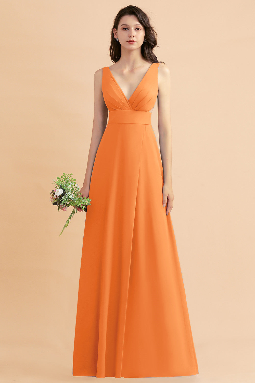 Simple V-neck A-Line Wide Straps Floor Length Chiffon Bridesmaid Dress With Side Slit
