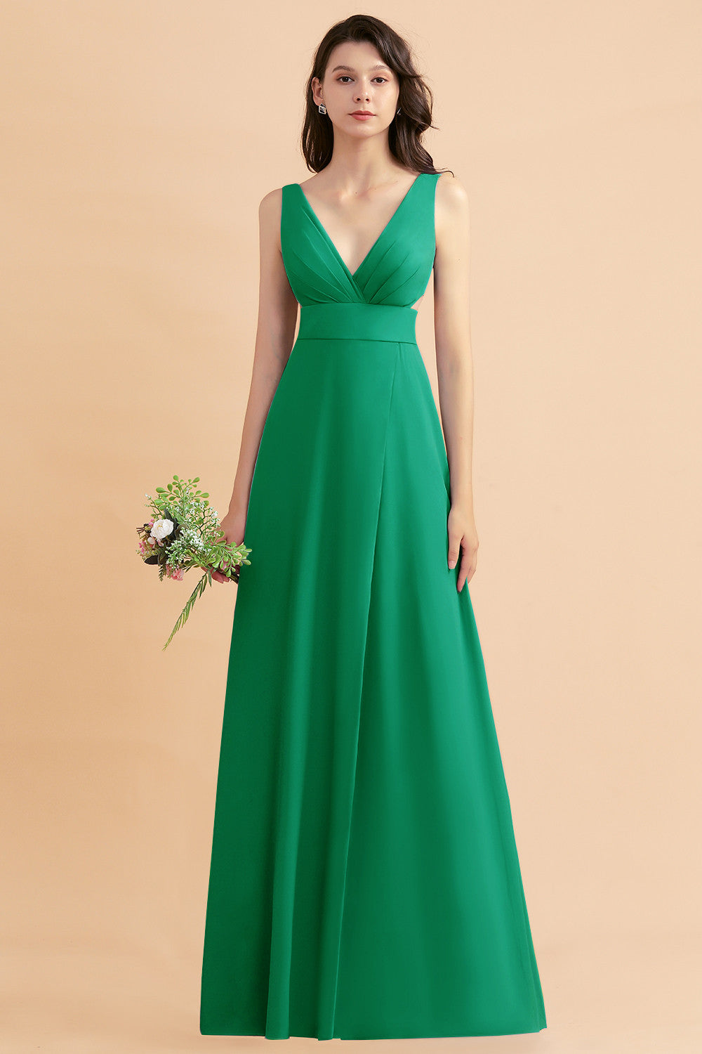 Simple V-neck A-Line Wide Straps Floor Length Chiffon Bridesmaid Dress With Side Slit