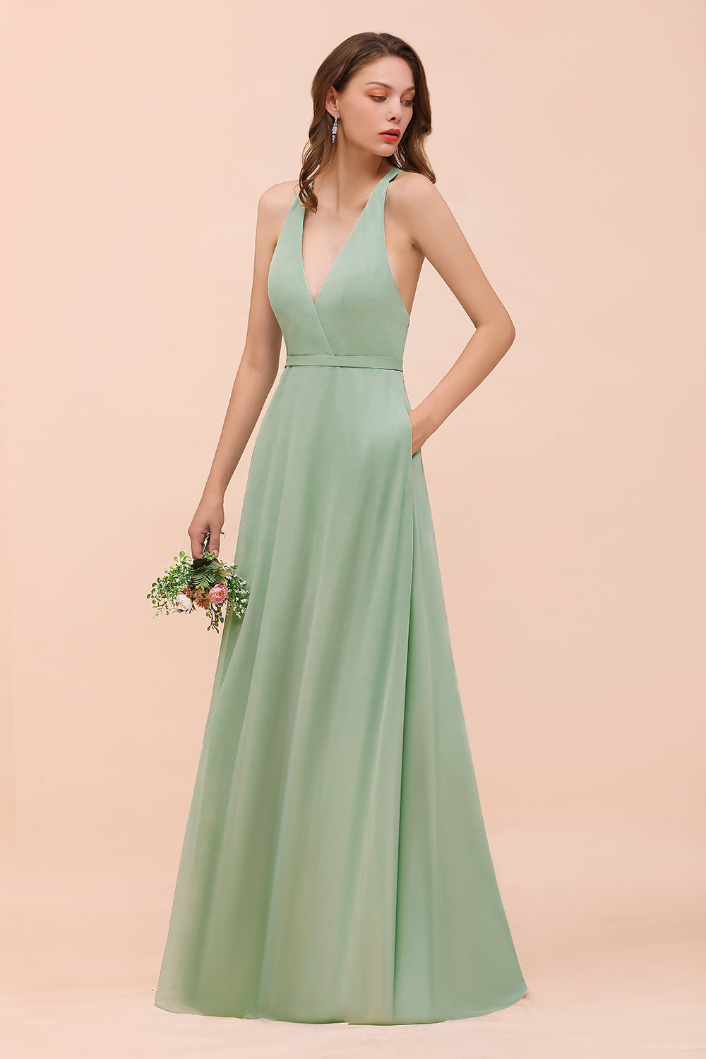 Simple V-neck Wide Straps A-line Chiffon Bridesmaid Dress With Pockets
