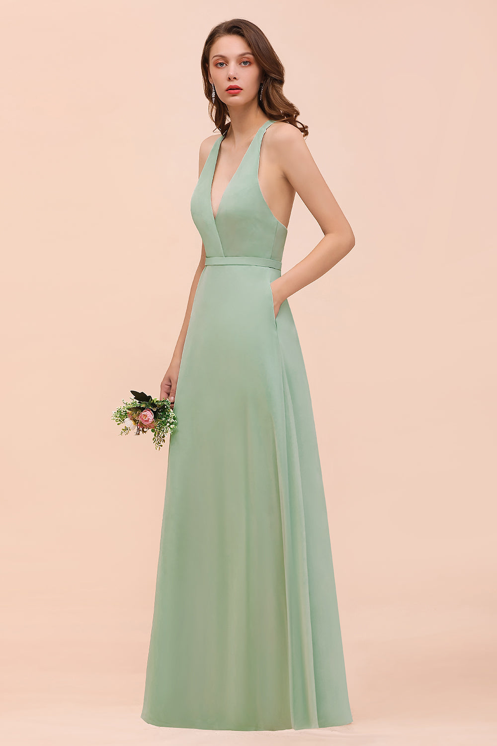 Simple V-neck Wide Straps A-line Chiffon Bridesmaid Dress With Pockets