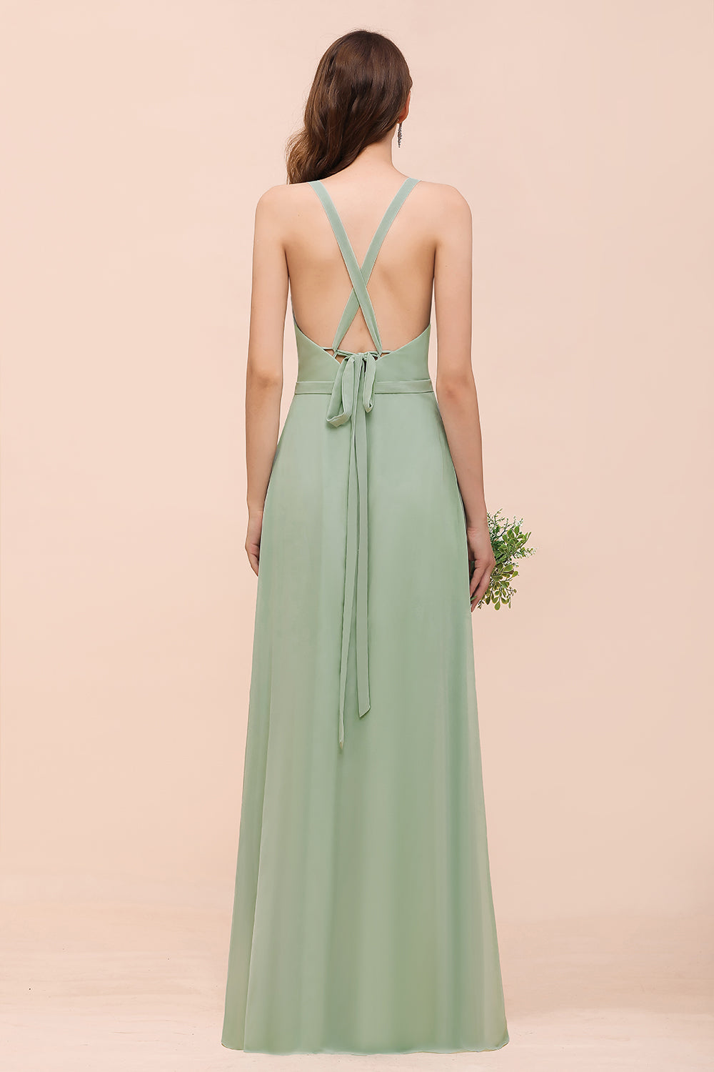 Simple V-neck Wide Straps A-line Chiffon Bridesmaid Dress With Pockets