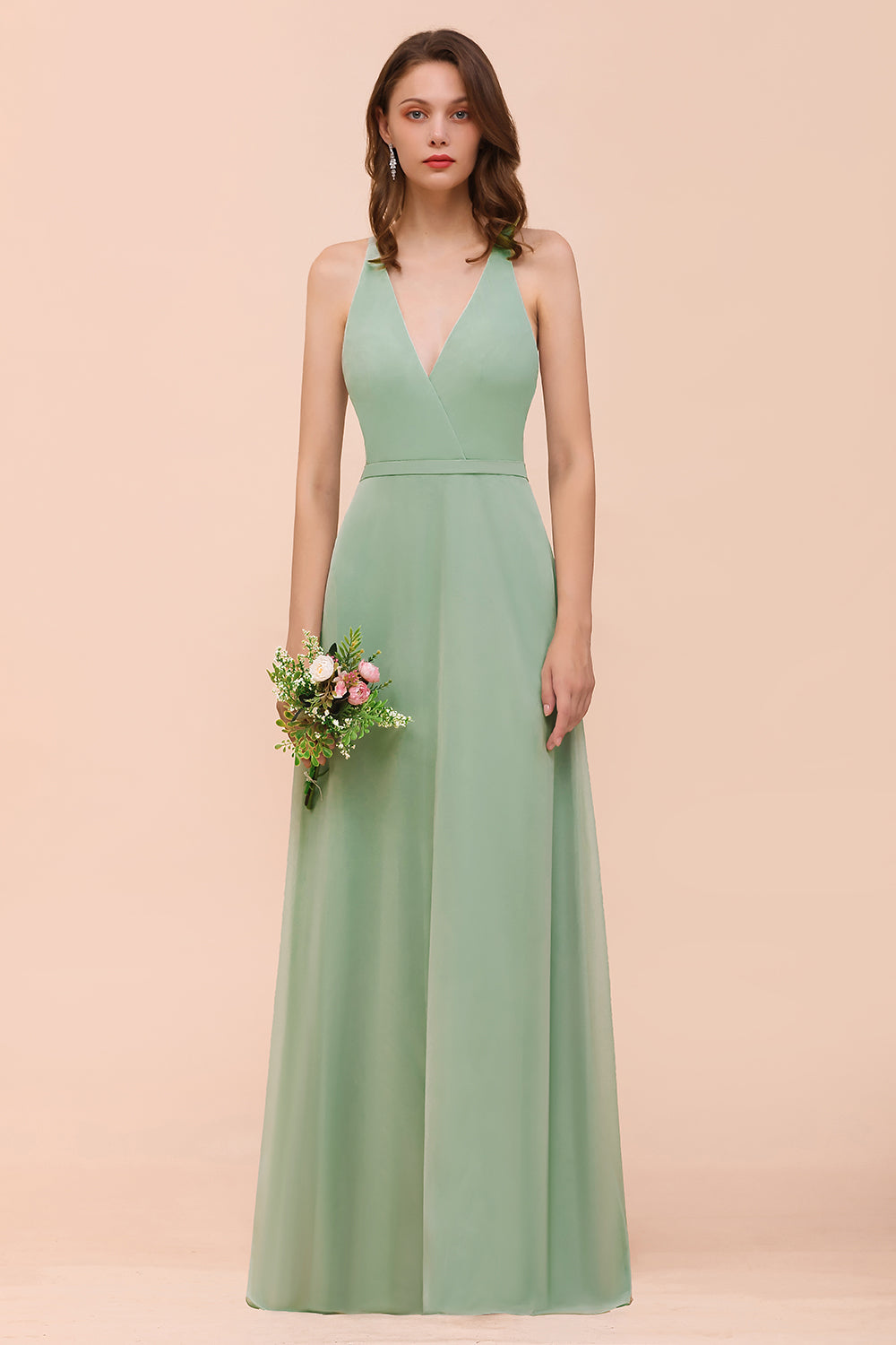 Simple V-neck Wide Straps A-line Chiffon Bridesmaid Dress With Pockets