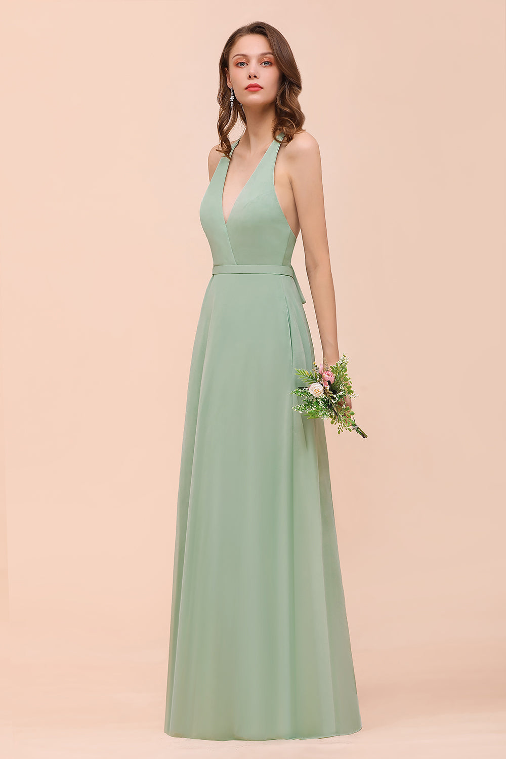 Simple V-neck Wide Straps A-line Chiffon Bridesmaid Dress With Pockets
