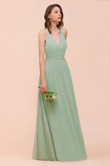 Simple V-neck Wide Straps A-line Chiffon Bridesmaid Dress With Pockets