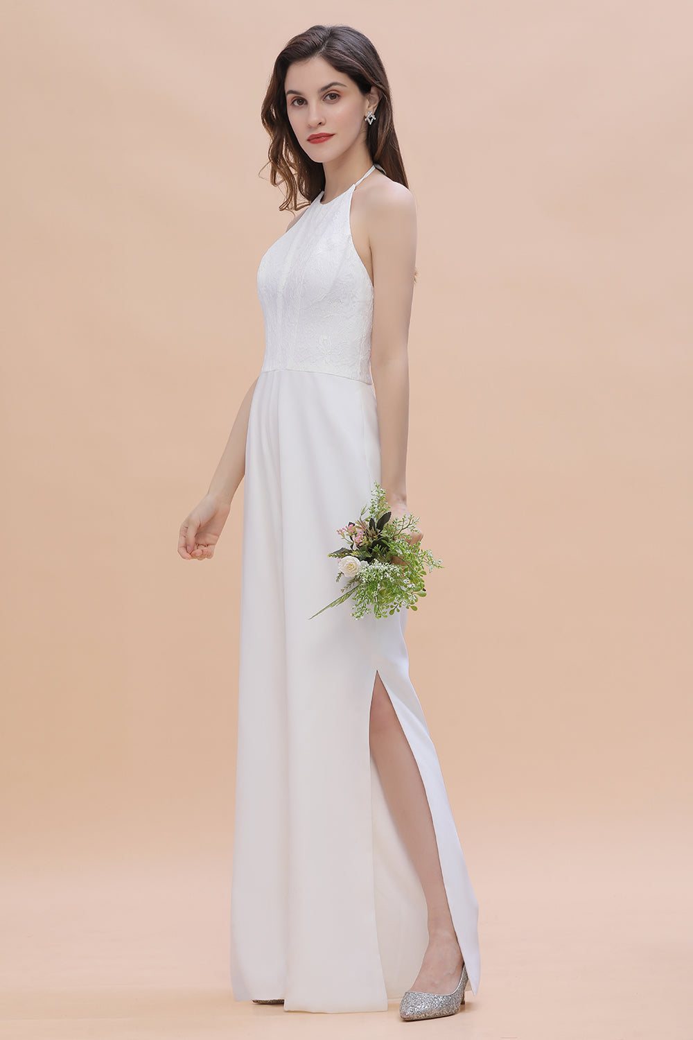 Simple White Floor Length Halter Jumpsuit Split Open Back Bridesmaid Dress