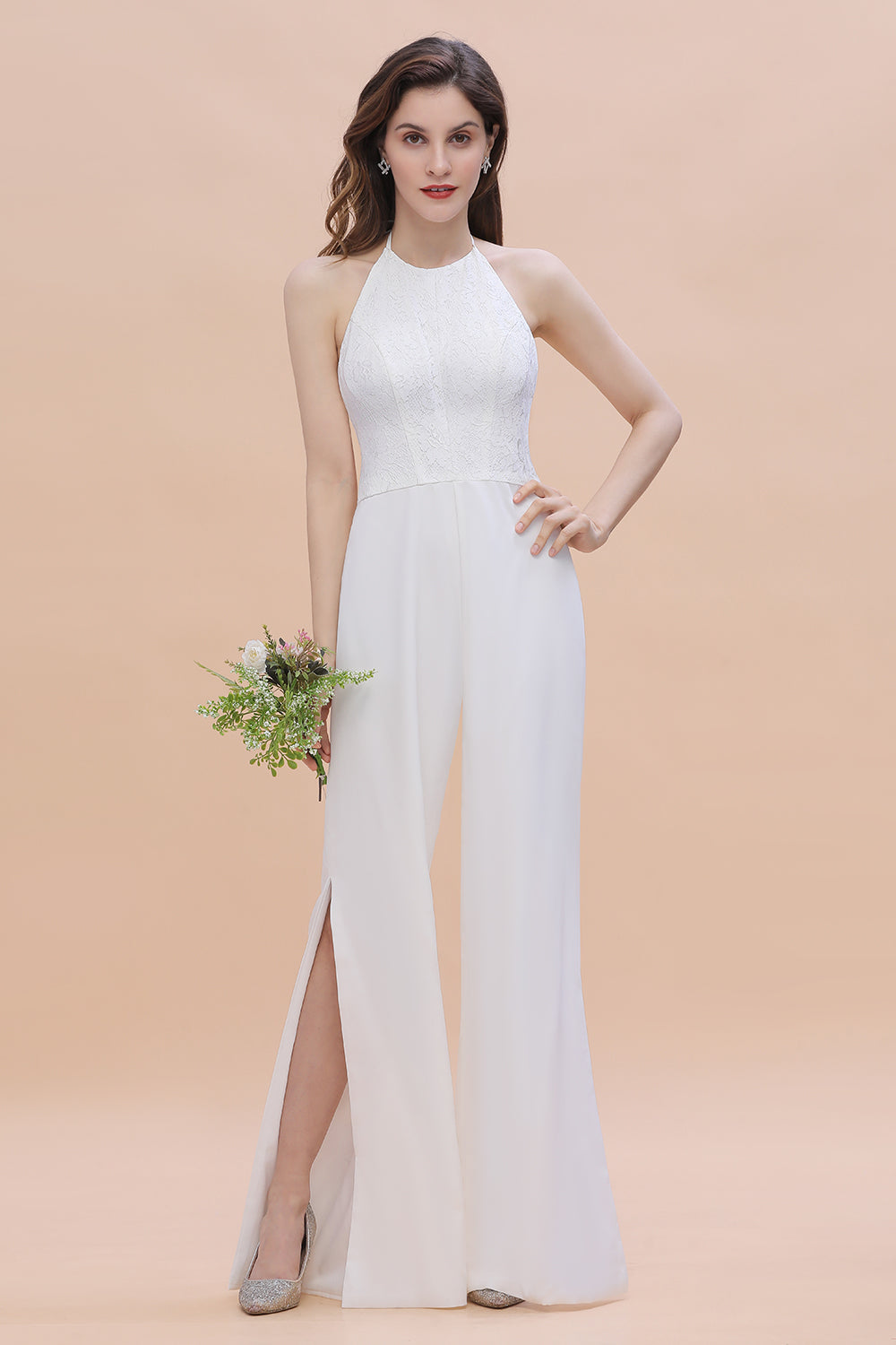 Simple White Floor Length Halter Jumpsuit Split Open Back Bridesmaid Dress