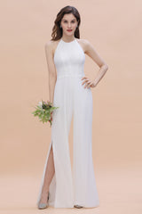 Simple White Floor Length Halter Jumpsuit Split Open Back Bridesmaid Dress