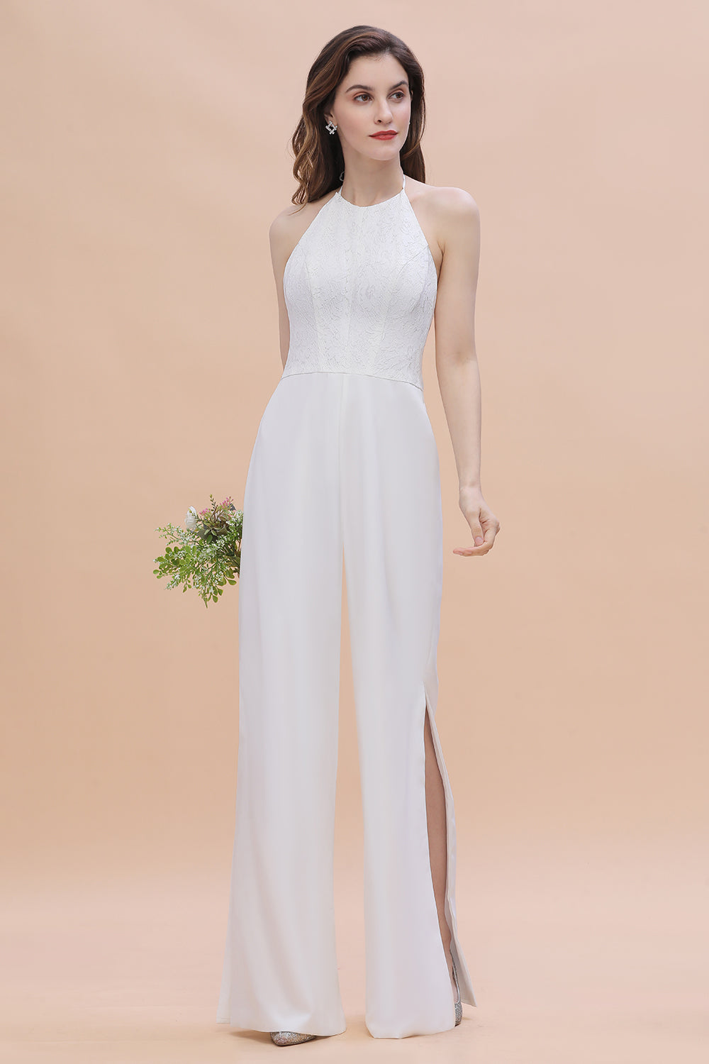 Simple White Floor Length Halter Jumpsuit Split Open Back Bridesmaid Dress
