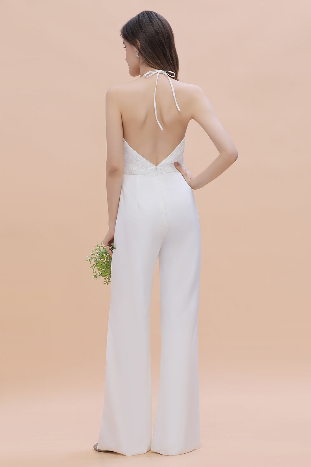 Simple White Floor Length Halter Jumpsuit Split Open Back Bridesmaid Dress