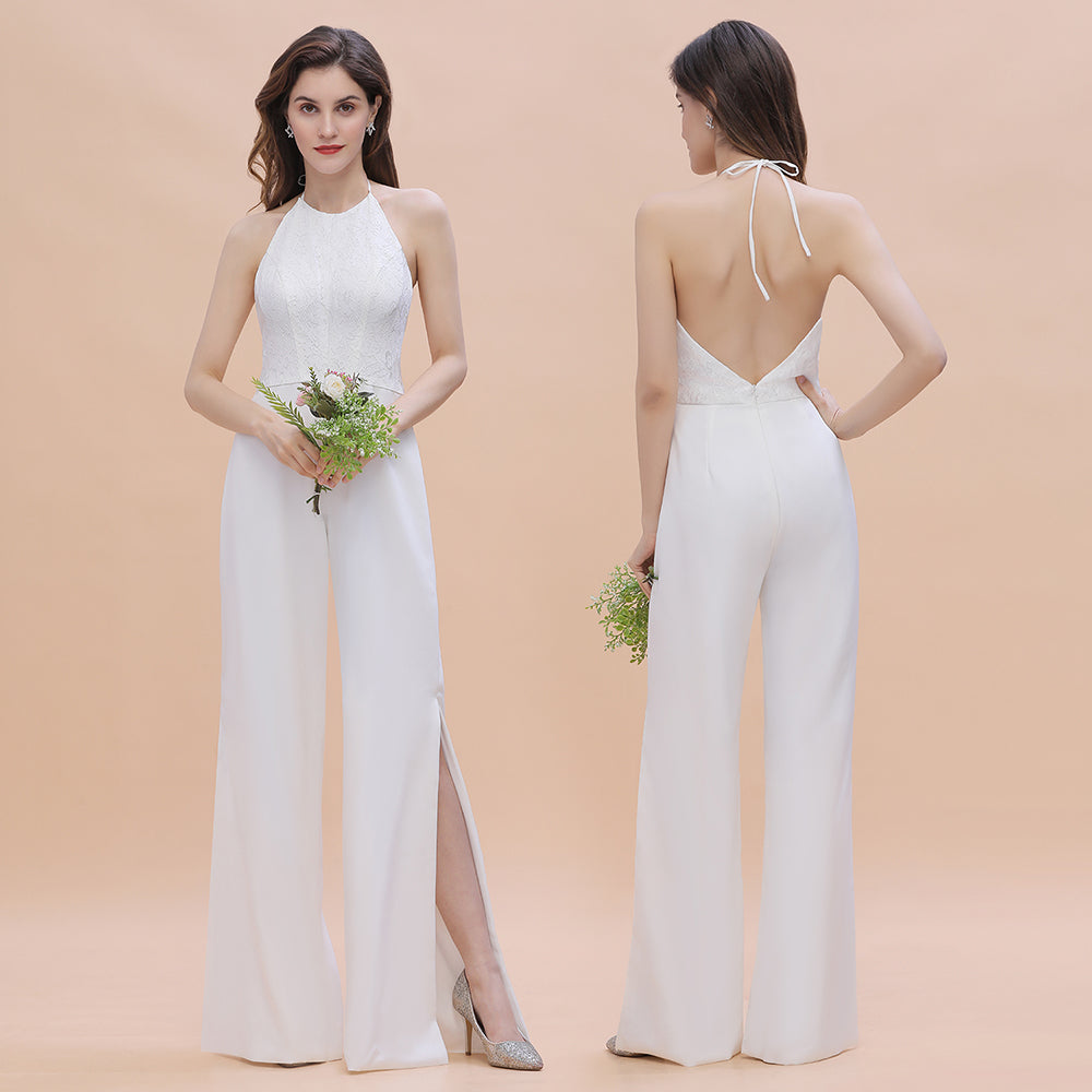 Simple White Floor Length Halter Jumpsuit Split Open Back Bridesmaid Dress