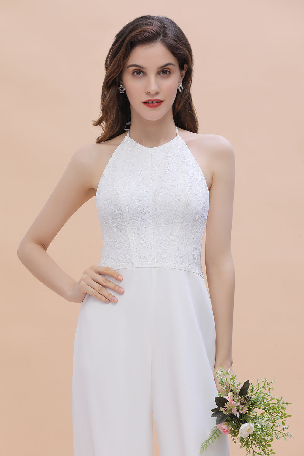 Simple White Floor Length Halter Jumpsuit Split Open Back Bridesmaid Dress