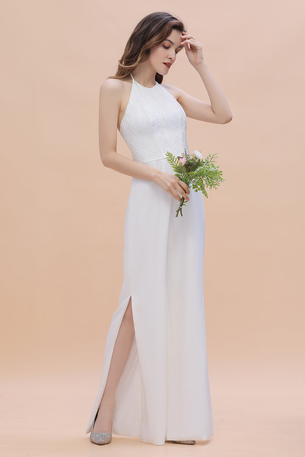 Simple White Floor Length Halter Jumpsuit Split Open Back Bridesmaid Dress