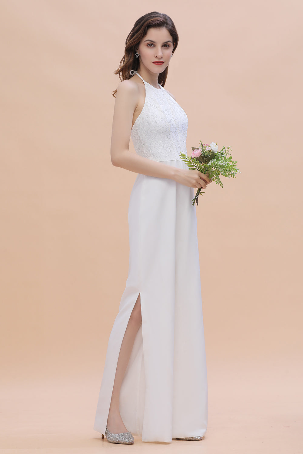 Simple White Floor Length Halter Jumpsuit Split Open Back Bridesmaid Dress